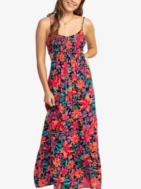 Roxy Hot Tropics Floral Smocked Cut-Out Tiered Maxi Dress Tropical Boho S